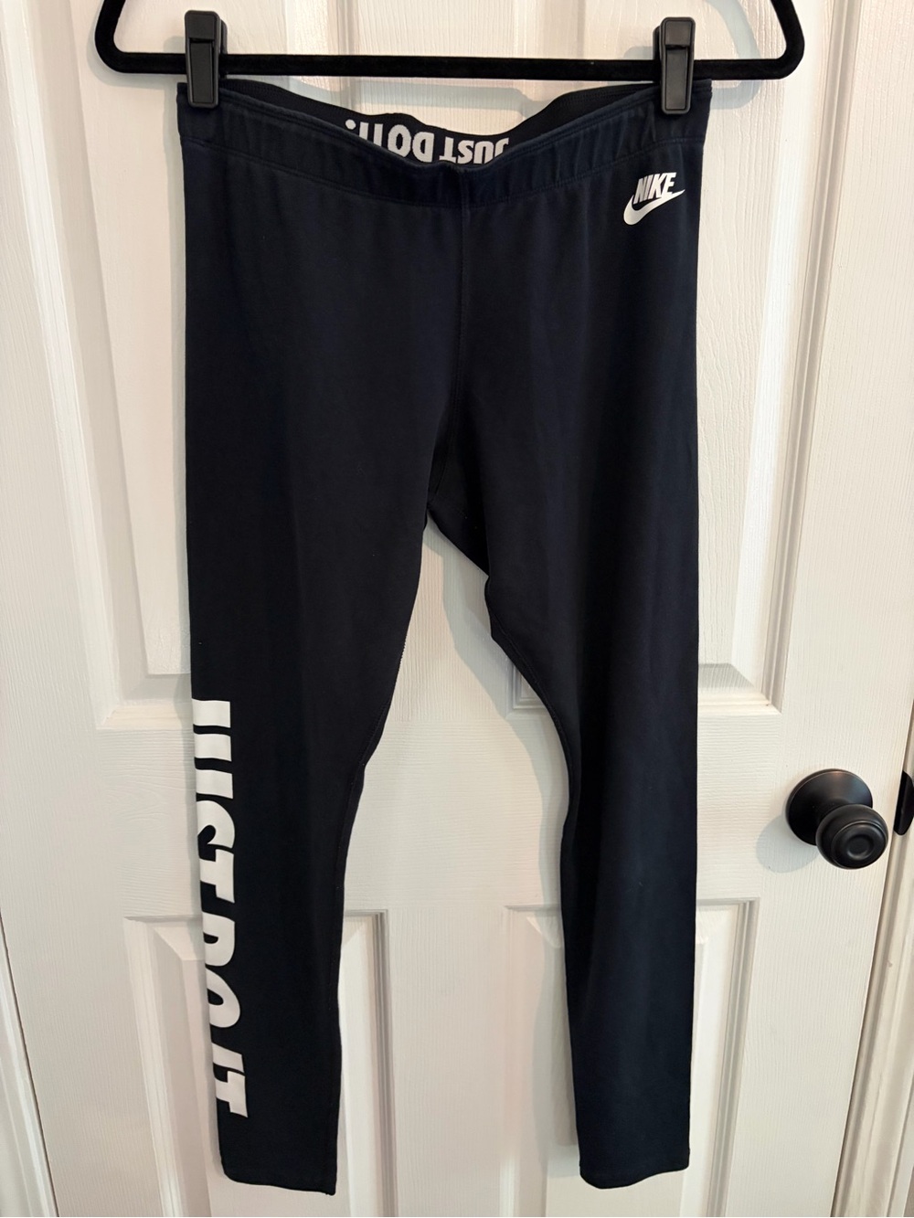 Nike Black Running Leggings with White 'Just Do It' Side Logo - Size M